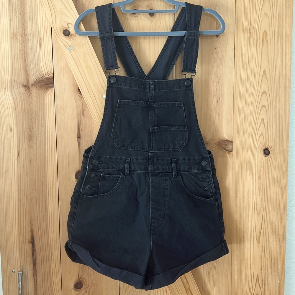 Free People Black Denim Short Overalls